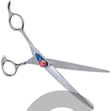 „Kenchii Five Star Left Curved Scissor 7“- aukščiausios kokybės, profesionalios išlenktos žirklės kairiarankiams.