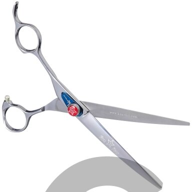 „Kenchii Five Star Left Curved Scissor 8“- aukščiausios kokybės, profesionaliai lenktos žirklės kairiarankiams.