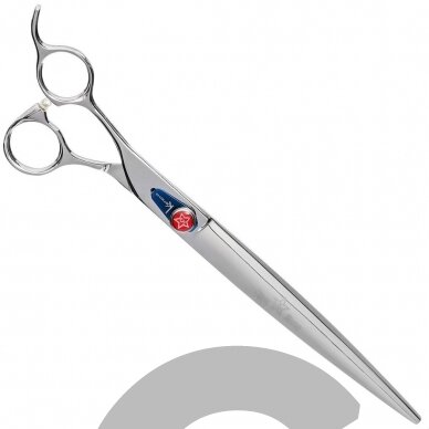 „Kenchii Five Star Offset Scissor Scissor 9“- aukščiausios kokybės profesionalios tiesios žirklės. „Kenchii Five Star Offset Scissor Scissor 9“- aukščiausios kokybės profesionalios tiesios žirklės.
