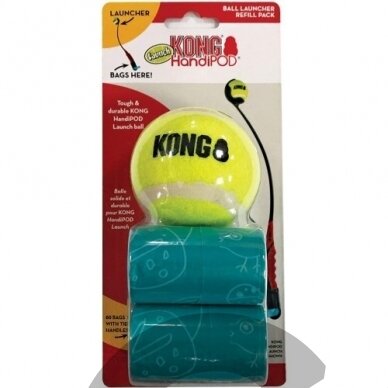 KONG HandiPOD Ball Launcher Refill Pack - teniso kamuoliukas ir 4 ritinėliai ekskrementų maišelių, papildymas. 1