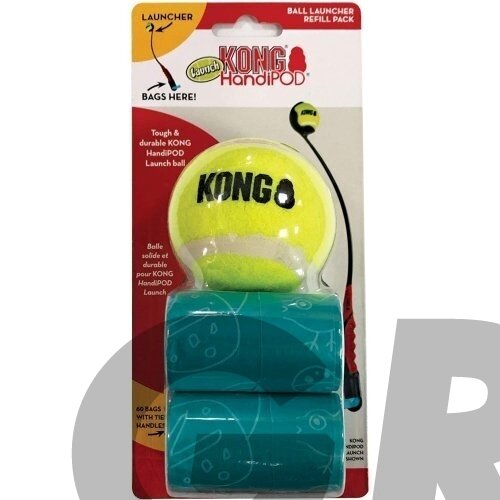 KONG HandiPOD Ball Launcher Refill Pack - teniso kamuoliukas ir 4 ritinėliai ekskrementų maišelių, papildymas. 1