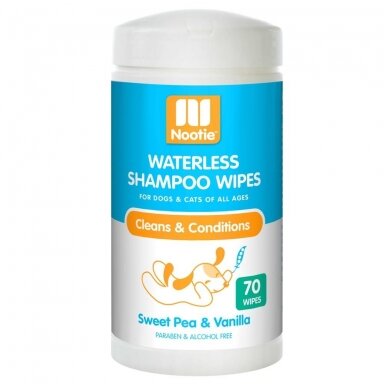 Nootie Sweet Pea & Vanilla Wipes 70vnt. - žirnelių gėlių ir vanilės kvapo servetėlės, skirtos naminių gyvūnėlių plaukams valyti ir gaivinti.