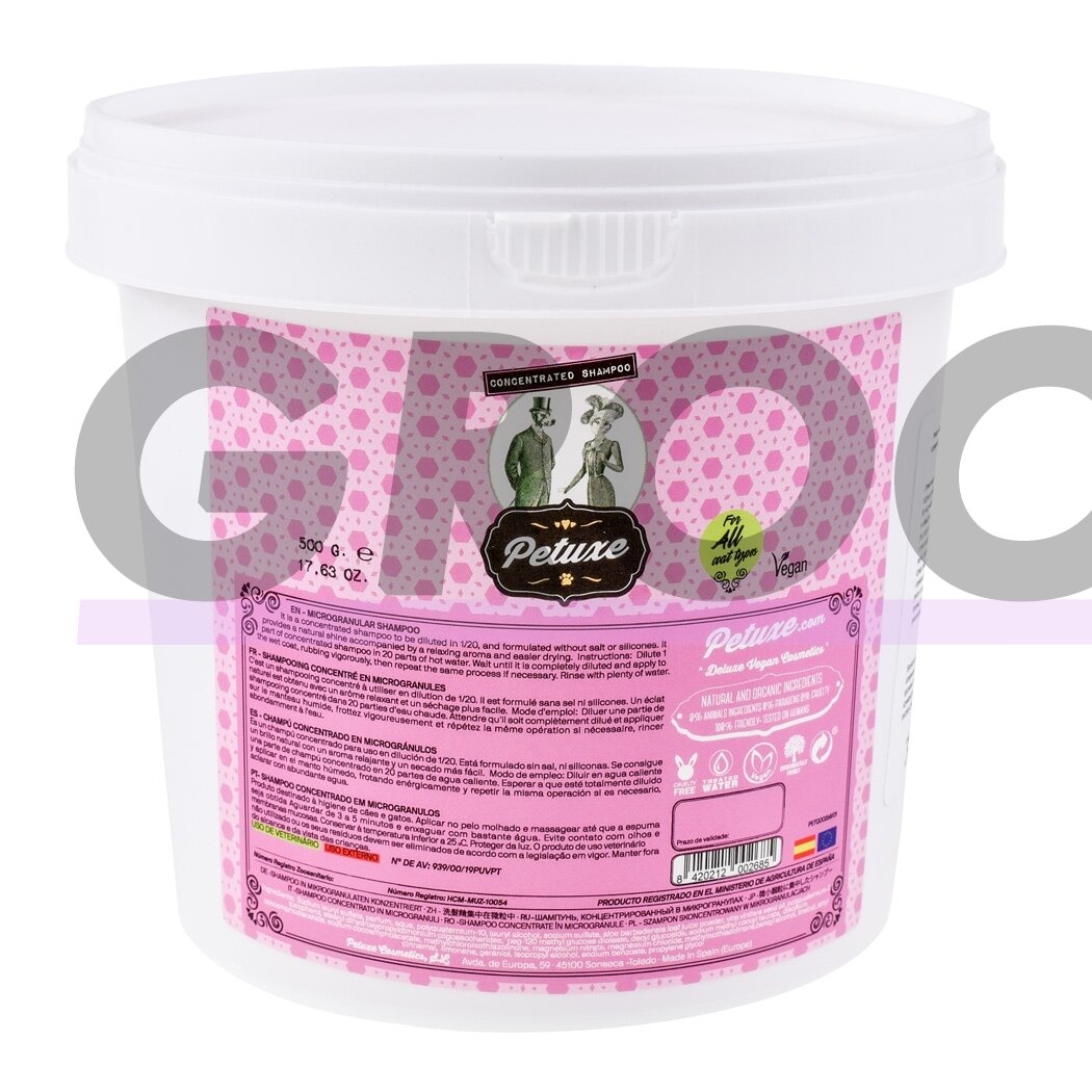 "Petuxe Microgranular Shampoo" 500g - veganiškas mikrogranulių šampūnas, skirtas visų tipų kailiui, koncentratas 1:20 "Petuxe Microgranular Shampoo" 500g - veganiškas mikrogranulių šampūnas, skirtas visų tipų kailiui, koncentratas 1:20
