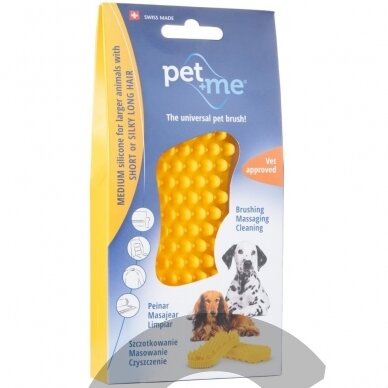 Pet+Me Medium Silicone Brush Yellow - silikoninis šepetys šunims ir katems su trumpais ir tankiais, ilgais ir šilkiniais arba šiurkščiavilniais plaukais 1