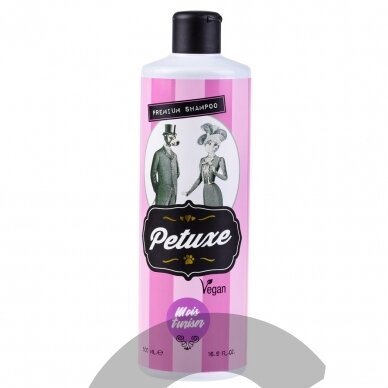"Petuxe Moisturiser Shampoo" 500ml - veganiškas drėkinamasis šampūnas sausam, pažeistam kailiui ir ilgaplaukėms veislėms