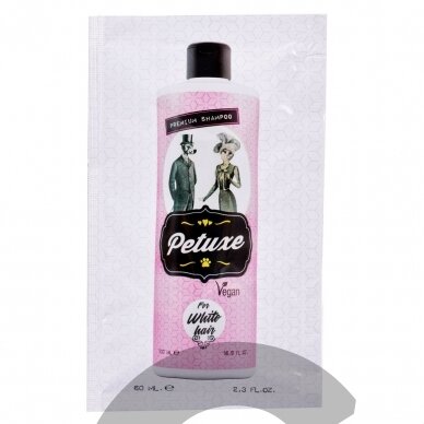 "Petuxe White Hair Shampoo" - veganiškas šampūnas baltam ir šviesiam kailiui, skirtas šunims ir katėms - talpa: 60 ml