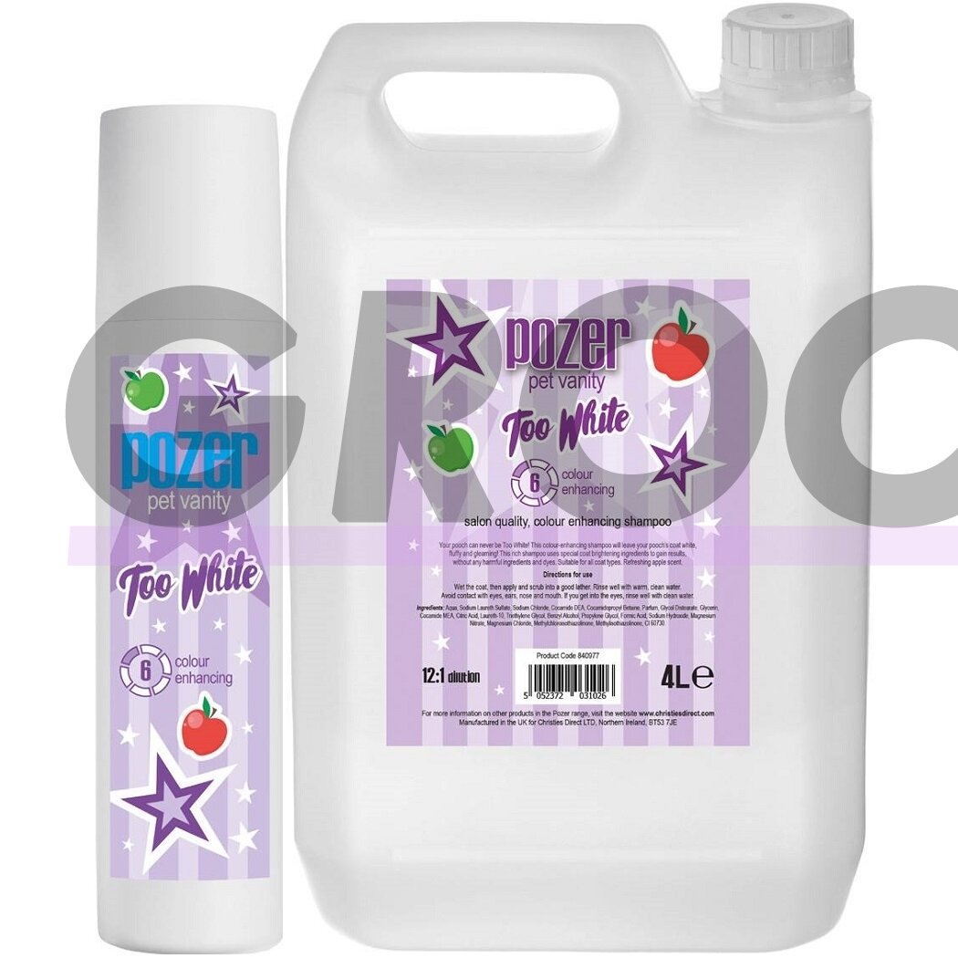 "Pozer Too White Shampoo" - šampūnas natūraliai kailio spalvai pašviesinti, koncentratas 1:12 - talpa: 4L