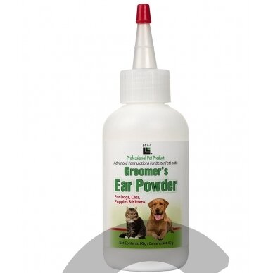 PPP Groomer's Ear Powder - pudra skirta ausų plaukelių priežiūrai ir šalinimui 80g PPP Groomer's Ear Powder - pudra skirta ausų plaukelių priežiūrai ir šalinimui 80g