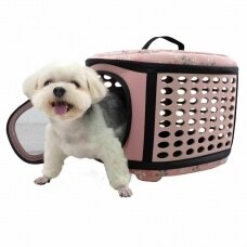 Rožinis sulankstomas transportavimo boksas šunims vežti su panoraminiu vaizdu