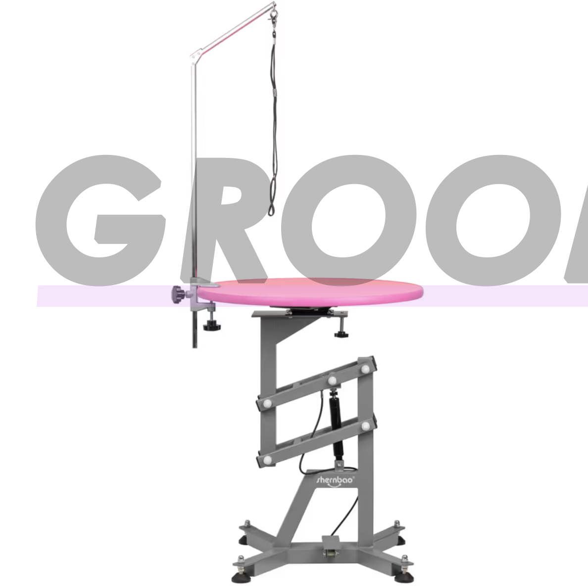„Shernbao Air Lift Grooming Table“ – kirpimo stalas su 60 cm pasukamu stalviršiu ir pneumatiniu keltuvu, rožinis.