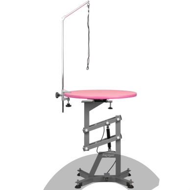 „Shernbao Air Lift Grooming Table“ – kirpimo stalas su 60 cm pasukamu stalviršiu ir pneumatiniu keltuvu, rožinis.