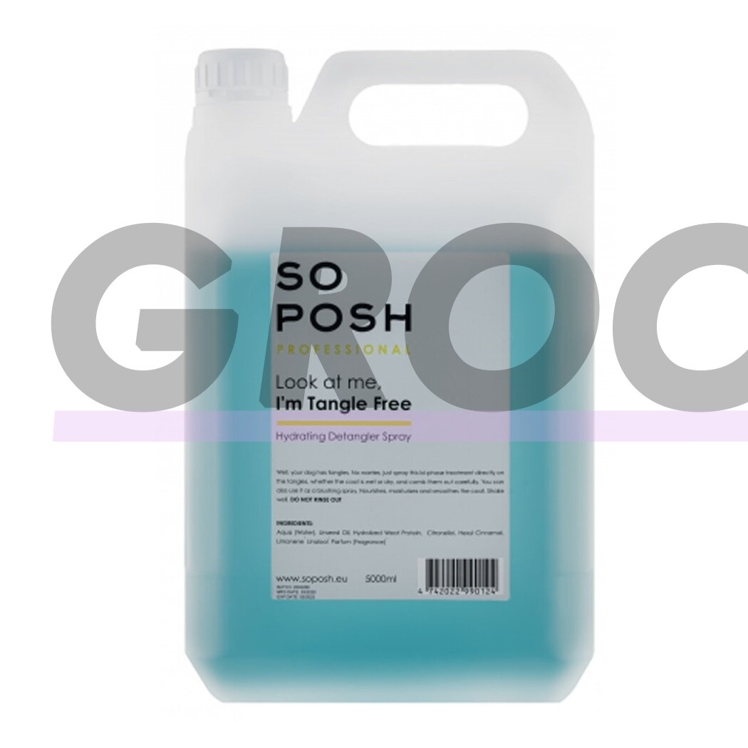 "So Posh Tangle Free Hydrating Detangler Spray" 5L - dviejų fazių iššukavimo priemonė, padedanti iššukuoti susipainiojusius plaukus.