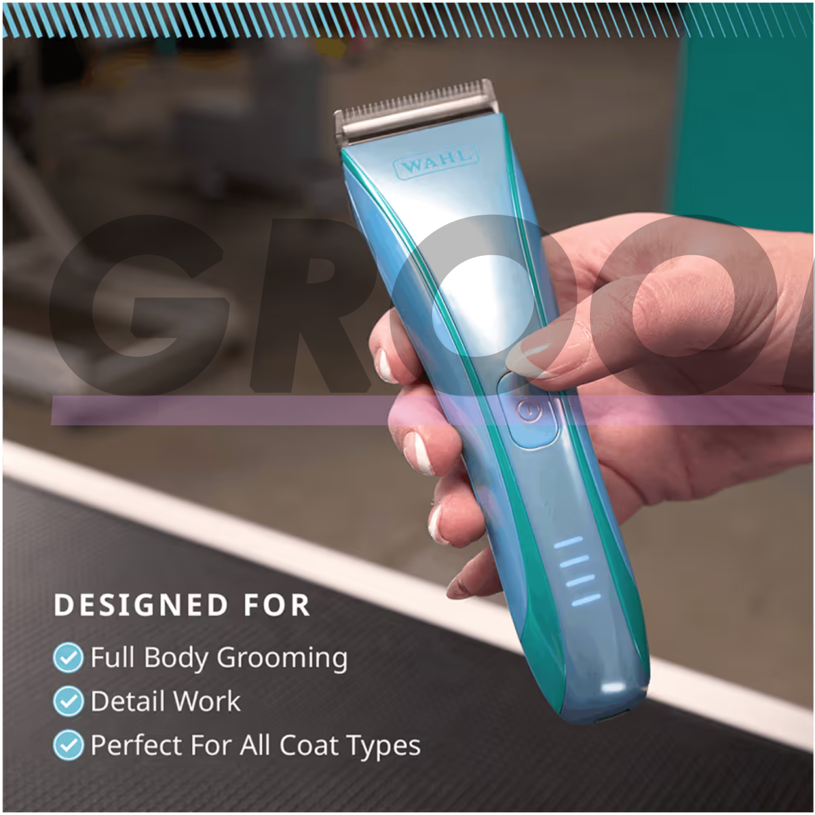 Wahl Motiva2 Blue Ivy Cordless Clipper – belaidė šunų ir kačių kirpimo mašinėlė, mėlynos spalvos. 4 Wahl Motiva2 Blue Ivy Cordless Clipper – belaidė šunų ir kačių kirpimo mašinėlė, mėlynos spalvos. 4